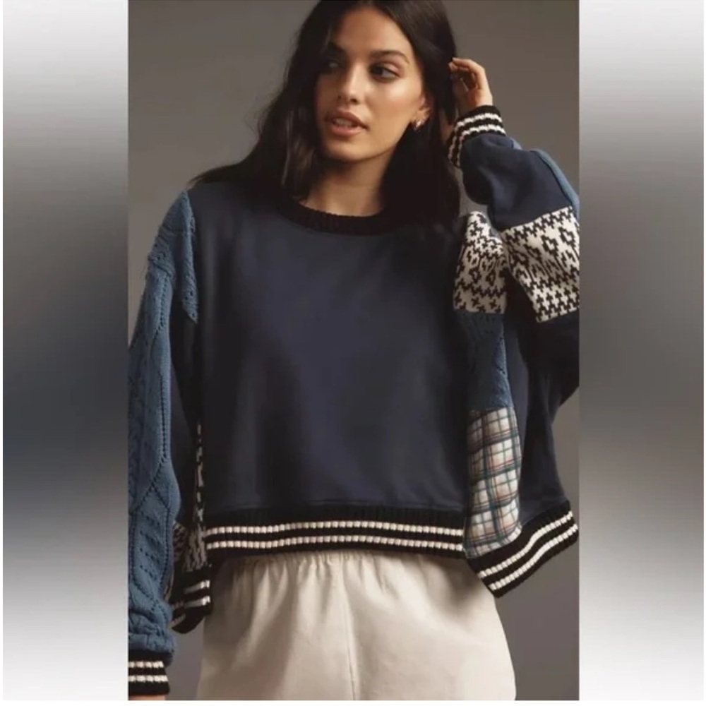 Anthropologie Pilcro Blue Mixed-Knit Crewneck Sweater